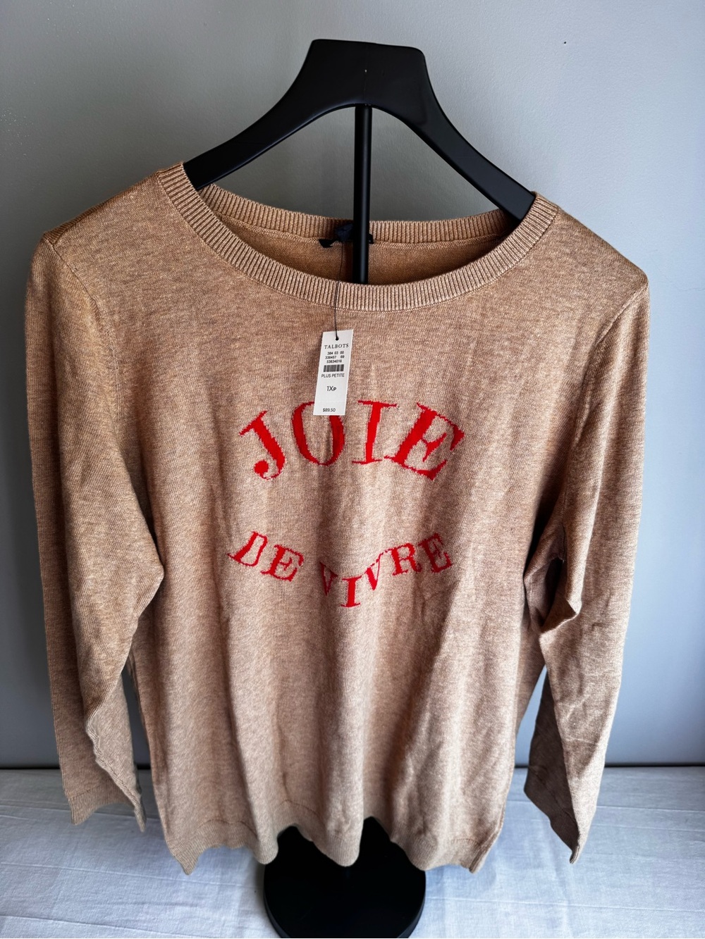 Talbots Tan Crewneck Sweater with Red Script